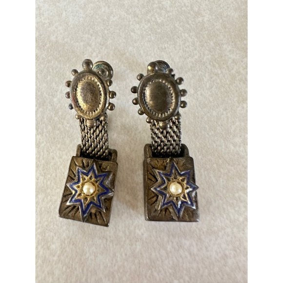 Antique Victorian Etruscan Revival brass enamel seed pearls screw back earrings - Picture 2 of 7